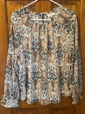 LOFT Metallic Floral Cinch Sleeve Blouse Size M